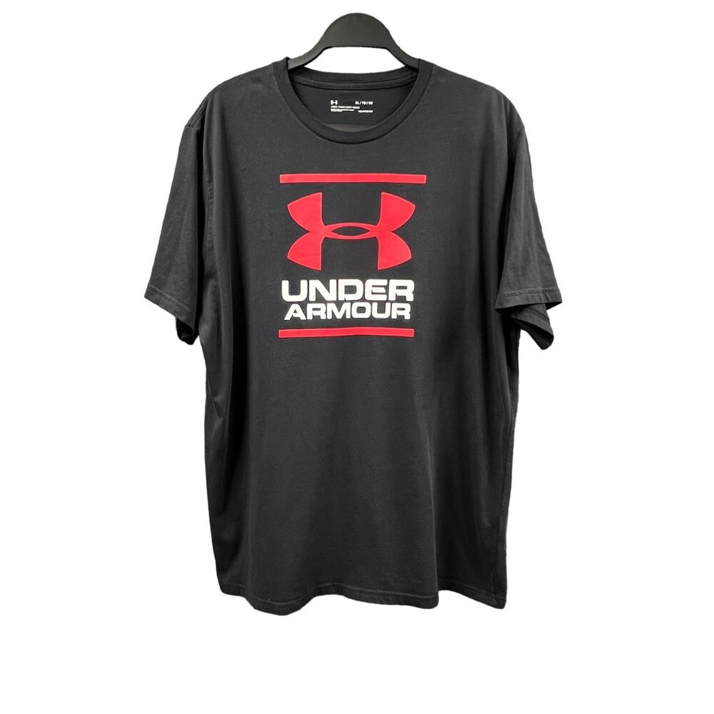 Under Armour Heatgear Mens XL Black Graphic T-Shirt‎ Red Logo Loose Athletic Fit